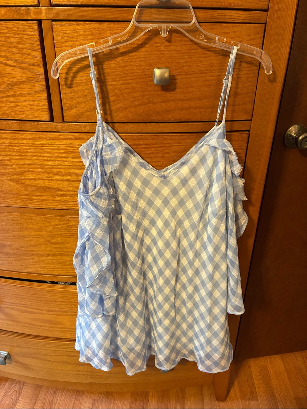 Motherhood Maternity Light Blue & White Gingham Cold Shoulder Top